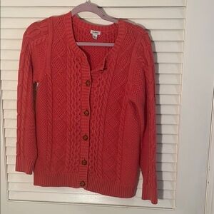 L.L. Bean Coral Cable Knit Faux Wood Button Down Cardigan Sweater
